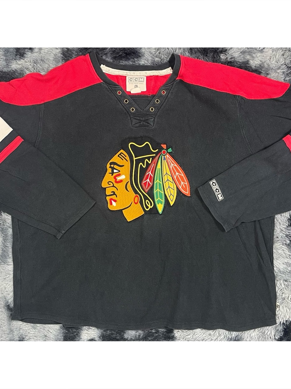 CCM Chicago Blackhawks NHL Vintage Style Lace Up Long Sleeve Shirt